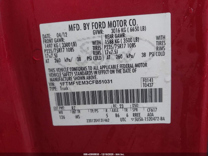 2012 Ford F-150 Xlt VIN: 1FTMF1EM3CFB51031 Lot: 43955930