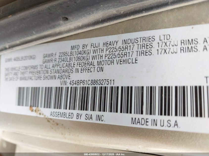 2008 Subaru Outback 2.5I VIN: 4S4BP61C886327511 Lot: 43955932