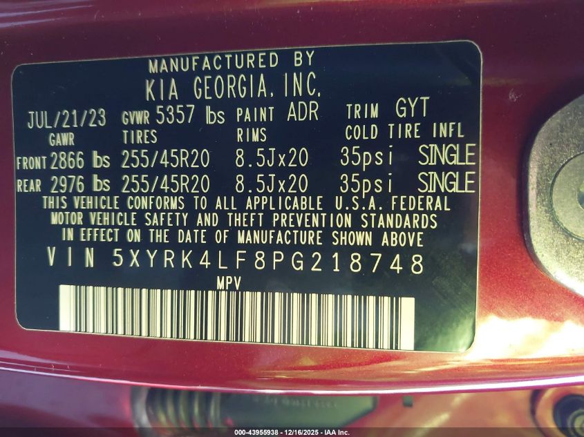 2023 Kia Sorento Sx VIN: 5XYRK4LF8PG218748 Lot: 43955938