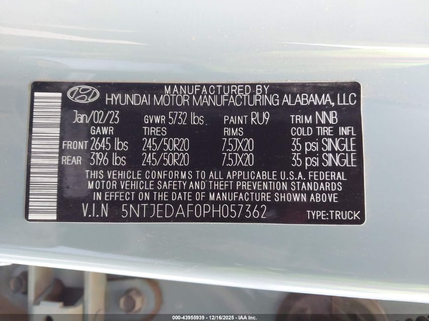 2023 Hyundai Santa Cruz Limited VIN: 5NTJEDAF0PH057362 Lot: 43955939