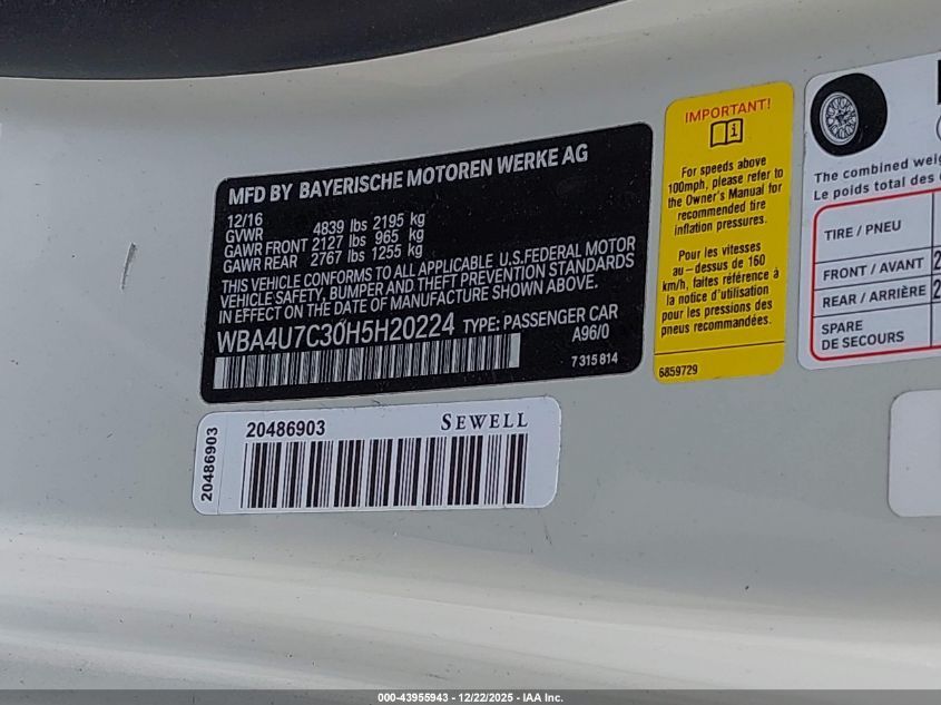 2017 BMW 430I VIN: WBA4U7C30H5H20224 Lot: 43955943