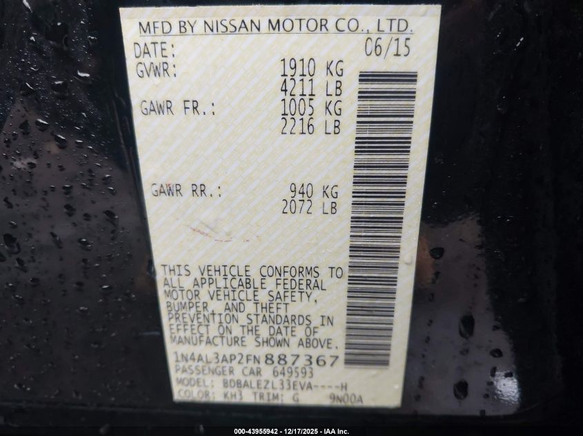 2015 Nissan Altima 2.5 S VIN: 1N4AL3AP2FN887367 Lot: 43955942