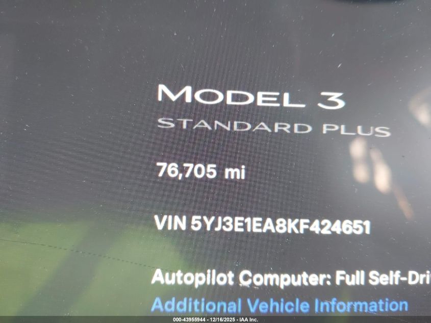 2019 Tesla Model 3 Long Range/Mid Range/Standard Range/Standard Range Plus VIN: 5YJ3E1EA8KF424651 Lot: 43955944