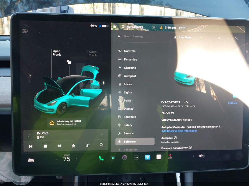 2019 Tesla Model 3 Long Range/Mid Range/Standard Range/Standard Range Plus VIN: 5YJ3E1EA8KF424651 Lot: 43955944