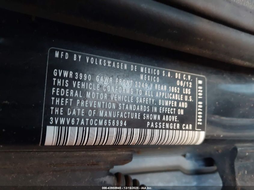 2012 Volkswagen Beetle 2.0T VIN: 3VWV67AT0CM656994 Lot: 43955945