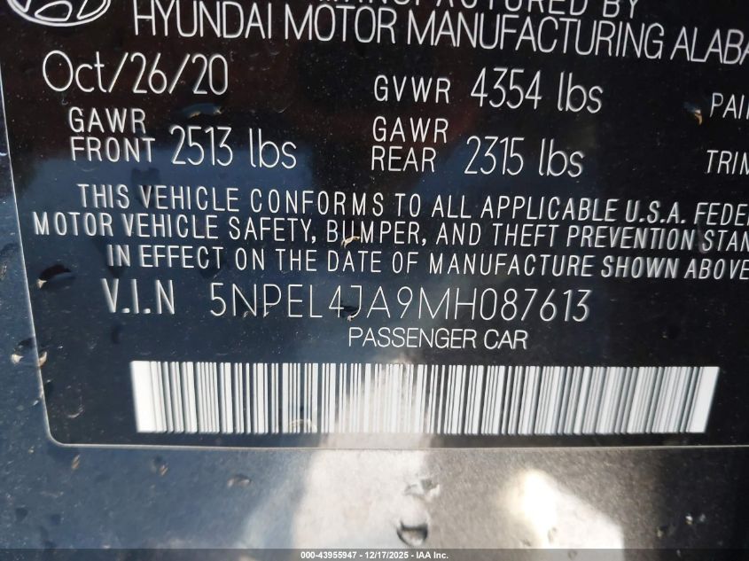 2021 Hyundai Sonata Sel VIN: 5NPEL4JA9MH087613 Lot: 43955947