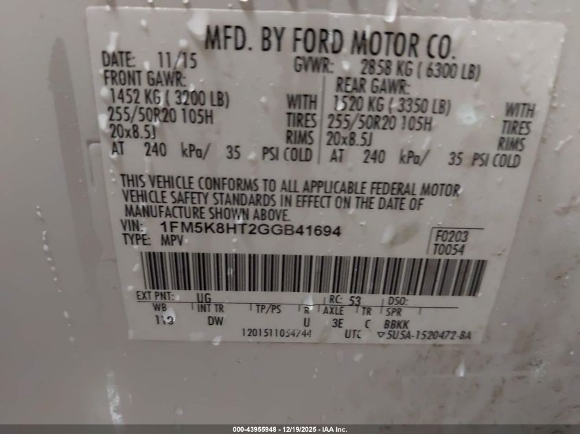 2016 Ford Explorer Platinum VIN: 1FM5K8HT2GGB41694 Lot: 43955948