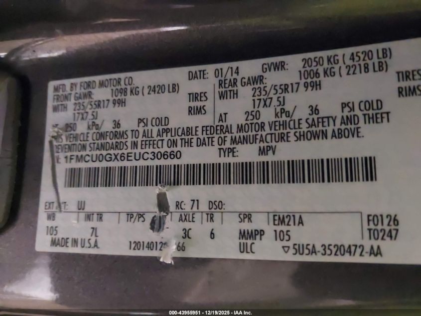 2014 Ford Escape Se VIN: 1FMCU0GX6EUC30660 Lot: 43955951