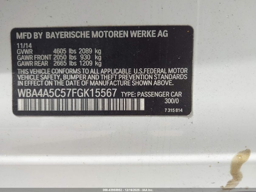 2015 BMW 428 Gran Coupe VIN: WBA4A5C57FGK15567 Lot: 43955952