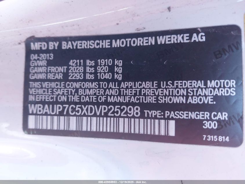 2013 BMW 128I VIN: WBAUP7C5XDVP25298 Lot: 43955953