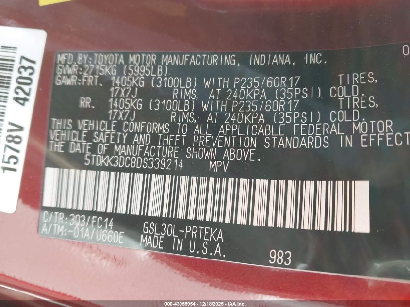 2013 Toyota Sienna Le V6 8 Passenger VIN: 5TDKK3DC8DS339214 Lot: 43955954