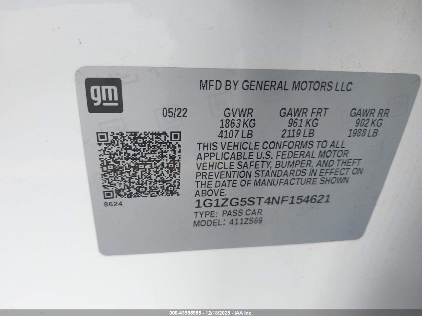 2022 Chevrolet Malibu Fwd Rs VIN: 1G1ZG5ST4NF154621 Lot: 43955955