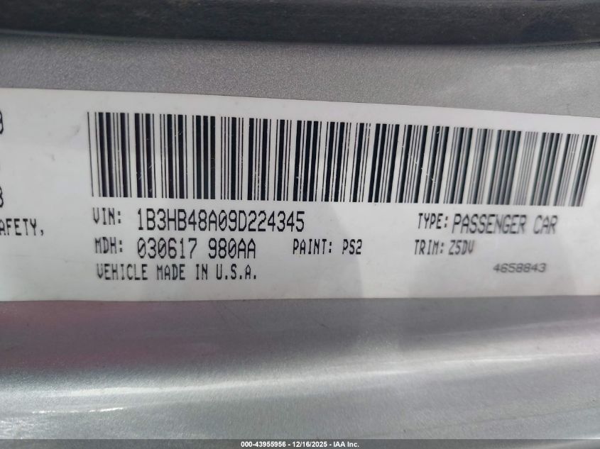 2009 Dodge Caliber Sxt VIN: 1B3HB48A09D224345 Lot: 43955956