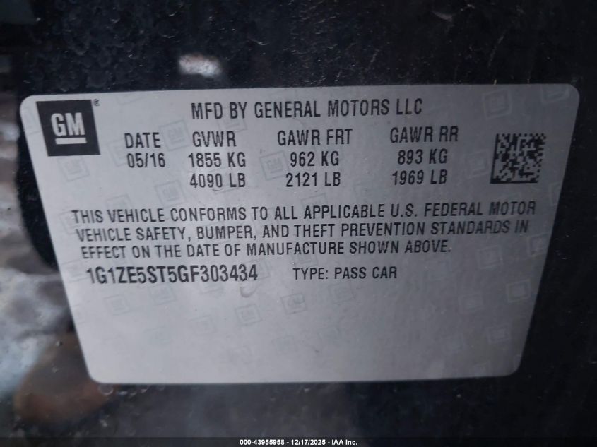 2016 Chevrolet Malibu 1Lt VIN: 1G1ZE5ST5GF303434 Lot: 43955958