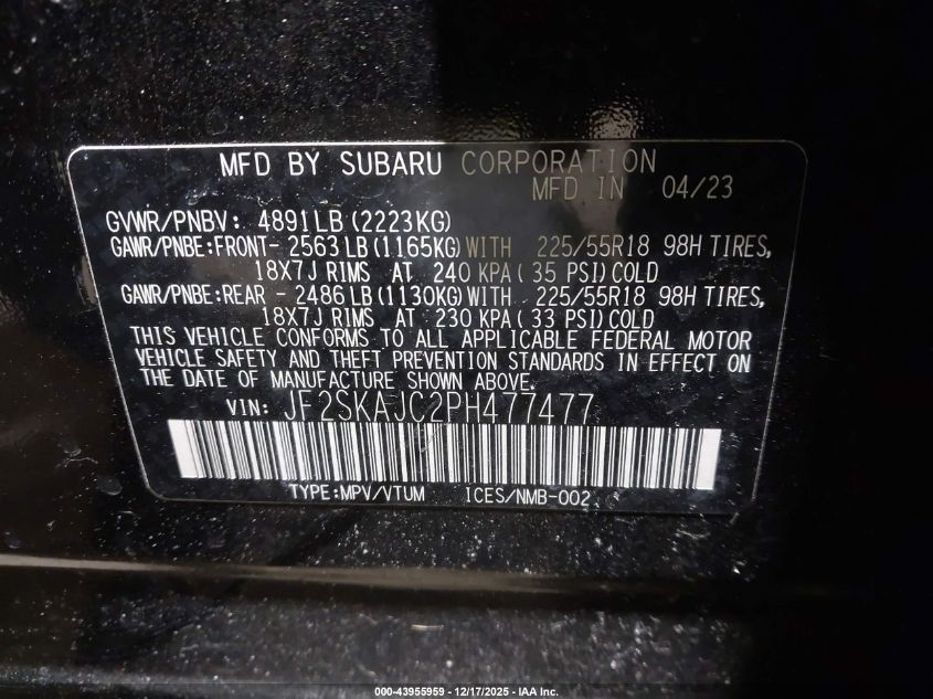 2023 Subaru Forester Sport VIN: JF2SKAJC2PH477477 Lot: 43955959