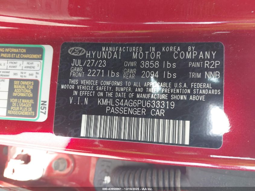 2023 Hyundai Elantra Sel VIN: KMHLS4AG6PU633319 Lot: 43955961
