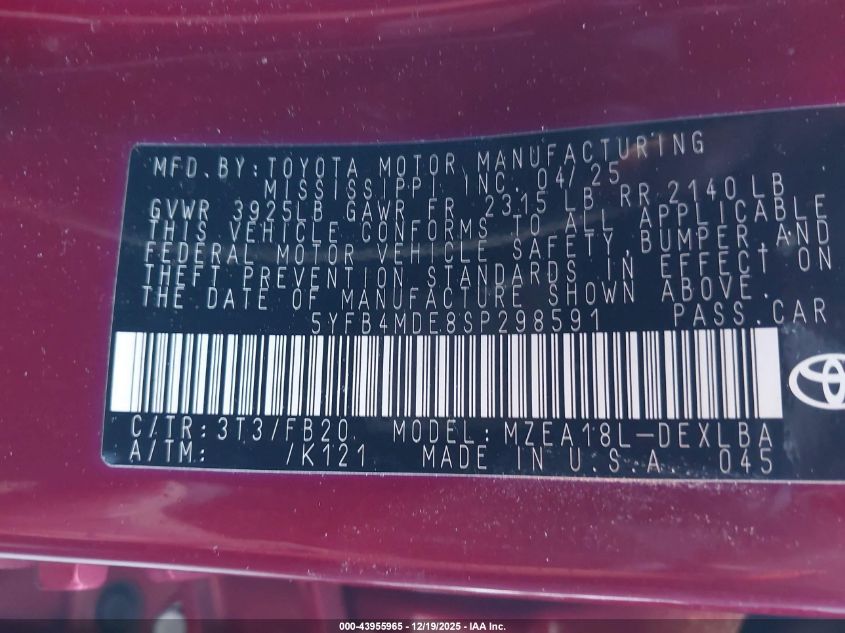 2025 Toyota Corolla Le VIN: 5YFB4MDE8SP298591 Lot: 43955965