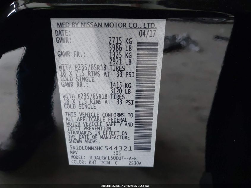 2017 Infiniti Qx60 VIN: 5N1DL0MN3HC544321 Lot: 43955966