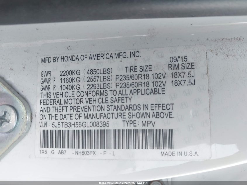 2016 Acura Rdx Technology Acurawatch Plus Packages/Technology Package VIN: 5J8TB3H56GL008395 Lot: 43955969