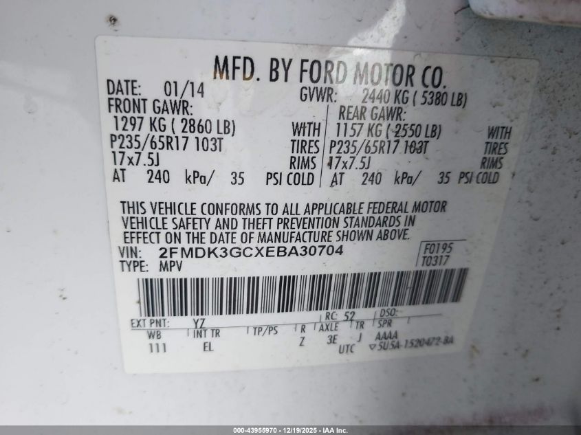 2014 Ford Edge Se VIN: 2FMDK3GCXEBA30704 Lot: 43955970