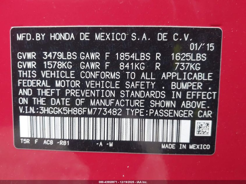 2015 Honda Fit Ex/Ex-L VIN: 3HGGK5H86FM773482 Lot: 43955971