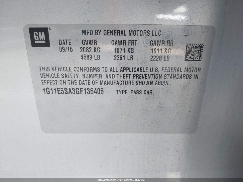 2016 Chevrolet Malibu Limited Ltz VIN: 1G11E5SA3GF136406 Lot: 43955972