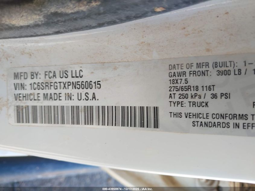 2023 Ram 1500 Tradesman 4X4 5'7 Box VIN: 1C6SRFGTXPN560615 Lot: 43955974