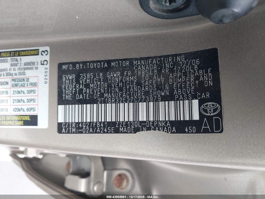 2007 Toyota Corolla Le VIN: 2T1BR32E27C773979 Lot: 43955981