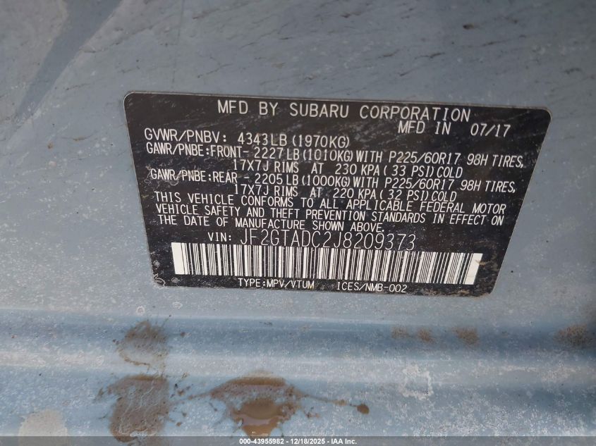 2018 Subaru Crosstrek 2.0I Premium VIN: JF2GTADC2J8209373 Lot: 43955982