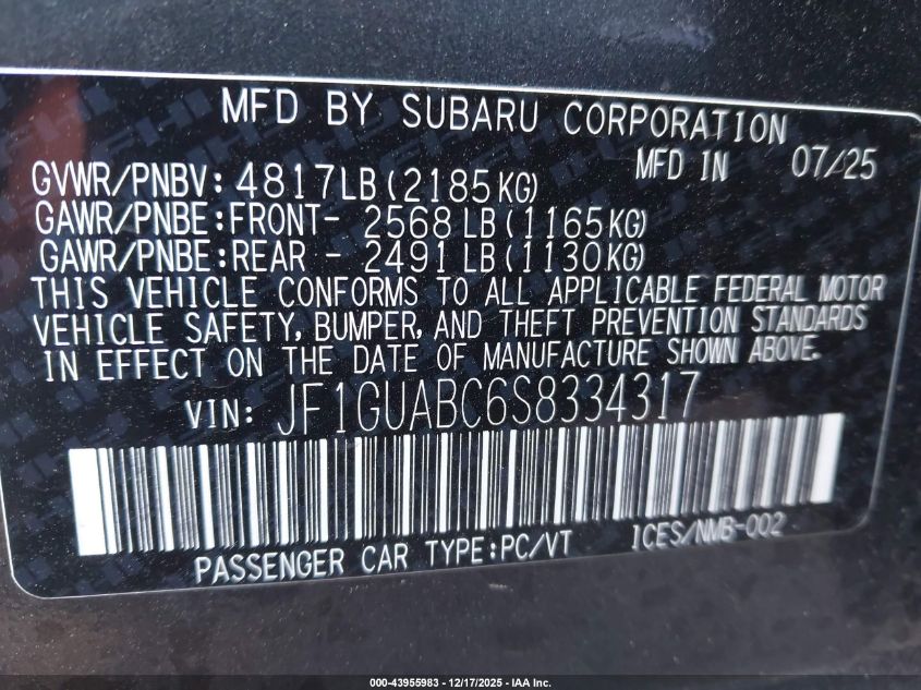 2025 Subaru Impreza Base 5-Door VIN: JF1GUABC6S8334317 Lot: 43955983