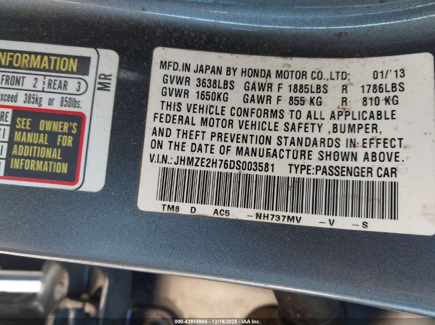 2013 Honda Insight Ex VIN: JHMZE2H76DS003581 Lot: 43955984