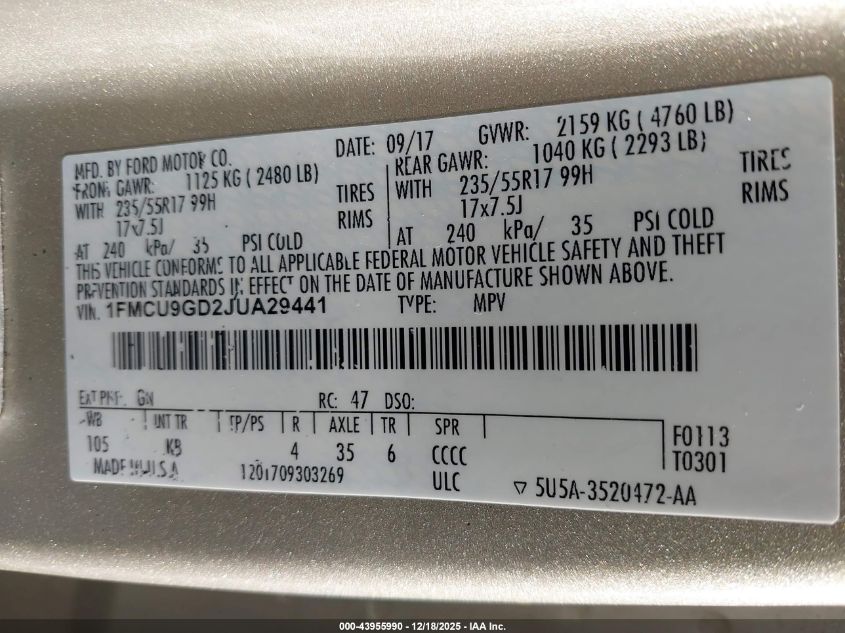 2018 Ford Escape Se VIN: 1FMCU9GD2JUA29441 Lot: 43955990