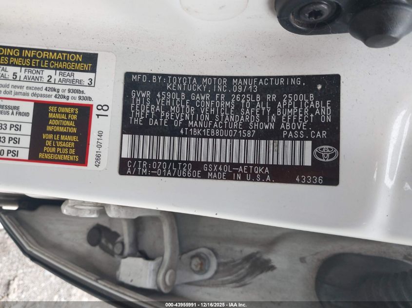 2013 Toyota Avalon VIN: 4T1BK1EB8DU071587 Lot: 43955991