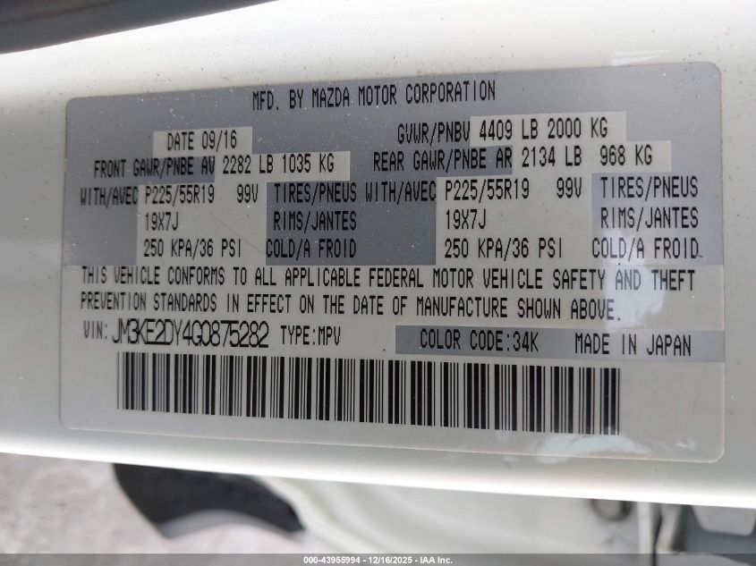 2016 Mazda Cx-5 Grand Touring VIN: JM3KE2DY4G0875282 Lot: 43955994