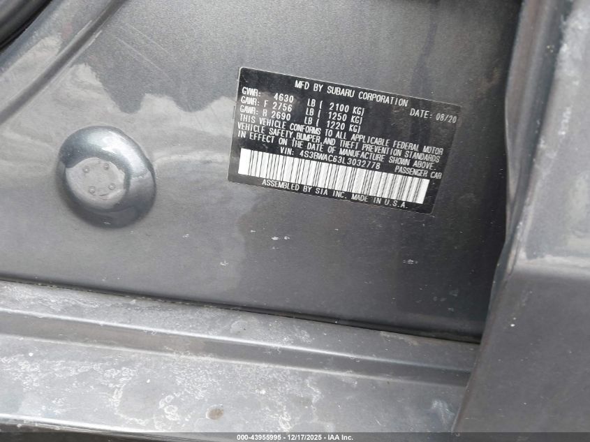 2020 Subaru Legacy Premium VIN: 4S3BWAC63L3032778 Lot: 43955995