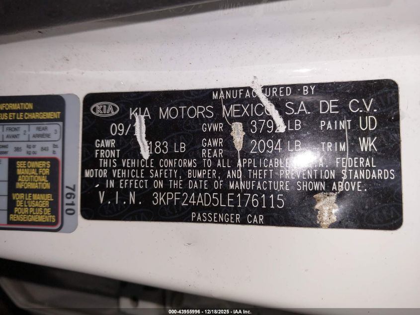 2020 Kia Forte Lxs VIN: 3KPF24AD5LE176115 Lot: 43955996