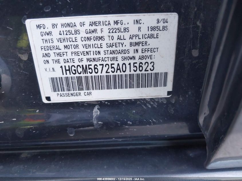 2005 Honda Accord 2.4 Ex VIN: 1HGCM56725A015623 Lot: 43956002