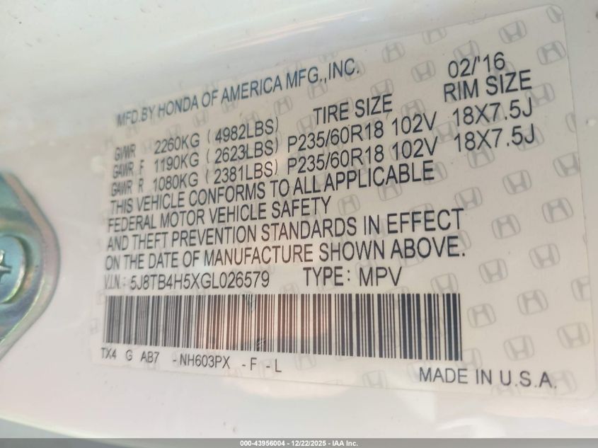 2016 Acura Rdx Technology Acurawatch Plus Packages/Technology Package VIN: 5J8TB4H5XGL026579 Lot: 43956004