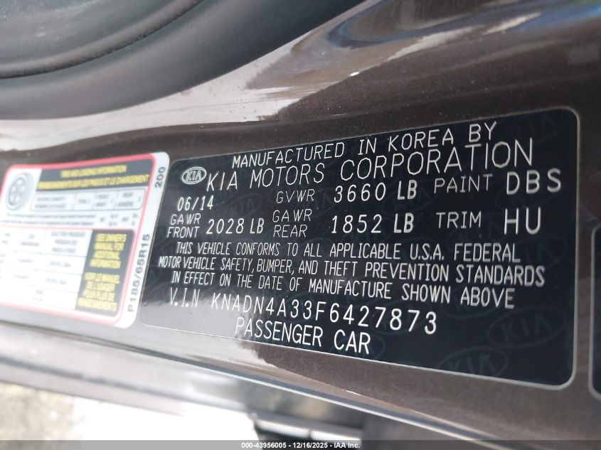 2015 Kia Rio Ex VIN: KNADN4A33F6427873 Lot: 43956005