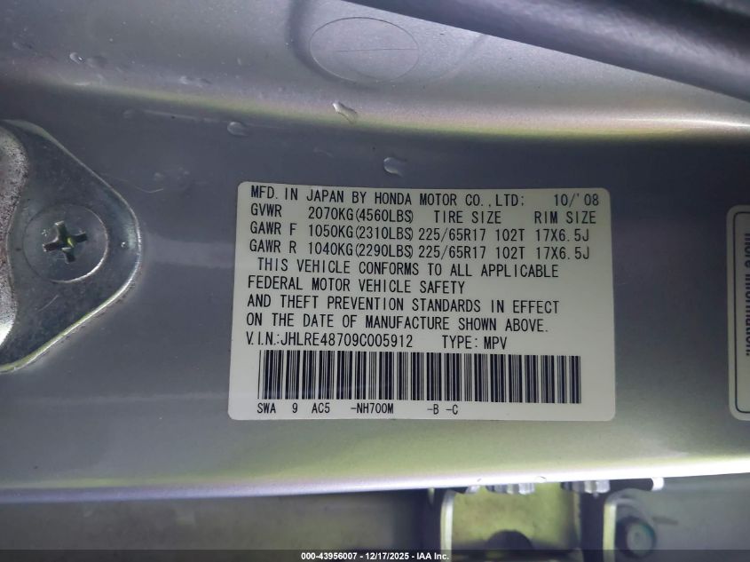 2009 Honda Cr-V Ex-L VIN: JHLRE48709C005912 Lot: 43956007