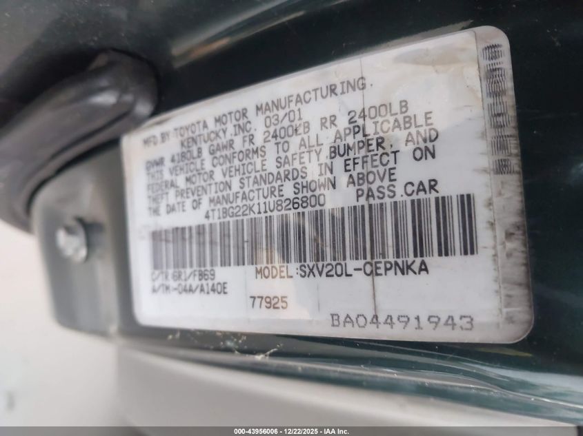 2001 Toyota Camry Ce/Le/Xle VIN: 4T1BG22K11U826800 Lot: 43956006