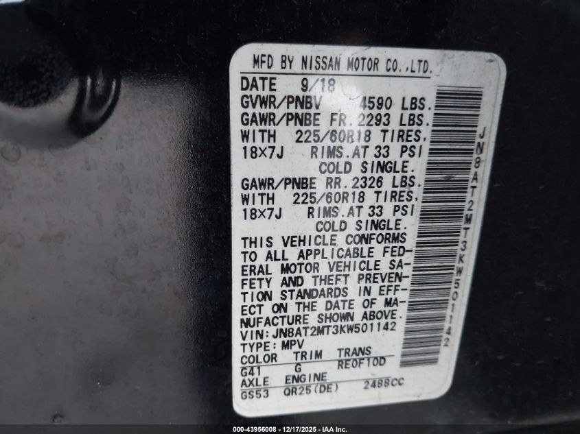 2019 Nissan Rogue Sv VIN: JN8AT2MT3KW501142 Lot: 43956008
