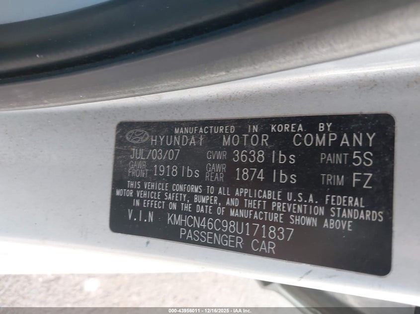 KMHCN46C98U171837 2008 HYUNDAI ACCENT photo no. 9