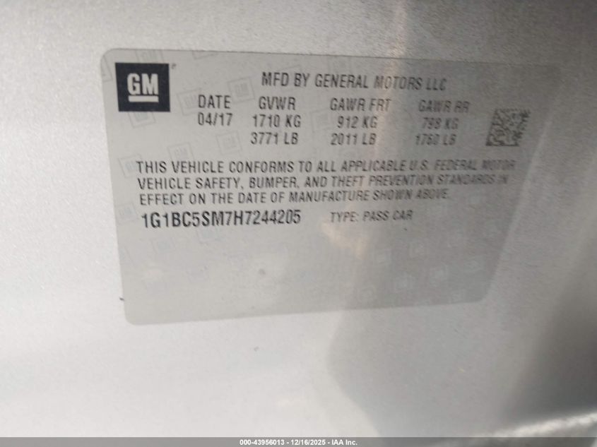 2017 Chevrolet Cruze Ls Auto VIN: 1G1BC5SM7H7244205 Lot: 43956013