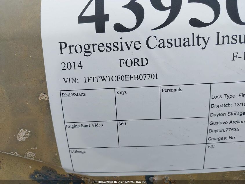 2014 Ford F-150 Platinum VIN: 1FTFW1CF0EFB07701 Lot: 43956016