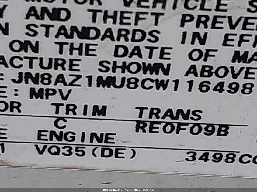 2012 Nissan Murano S VIN: JN8AZ1MU8CW116498 Lot: 43956018