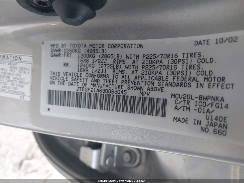 2003 Toyota Highlander V6 VIN: JTEGF21A630083045 Lot: 43956020