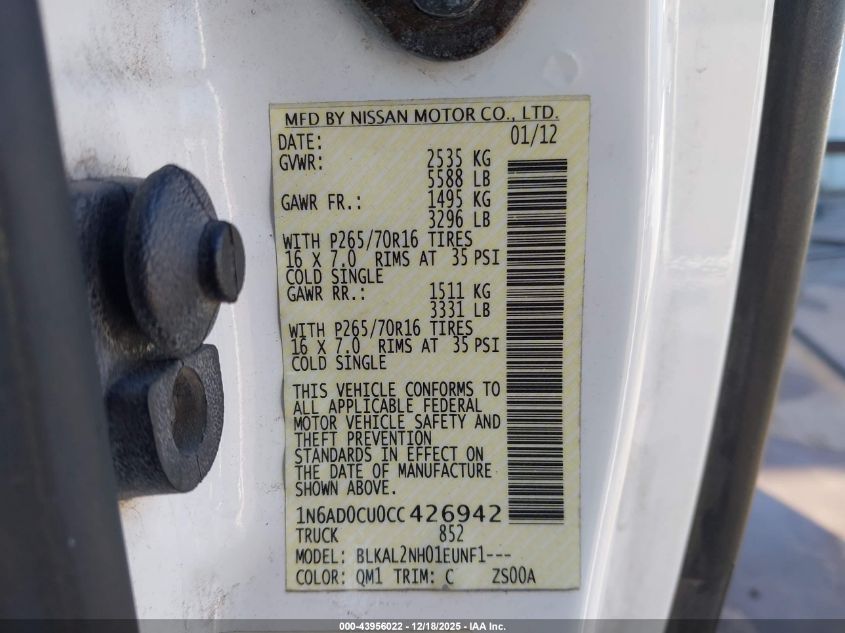 2012 Nissan Frontier Sv VIN: 1N6AD0CU0CC426942 Lot: 43956022