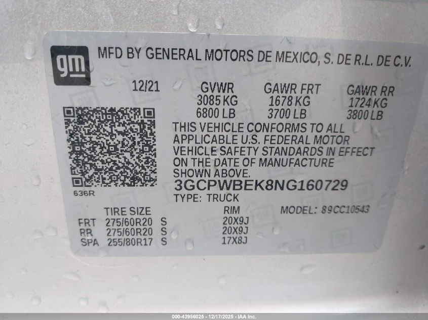 2022 Chevrolet Silverado 1500 Ltd 2Wd Short Bed Custom VIN: 3GCPWBEK8NG160729 Lot: 43956025