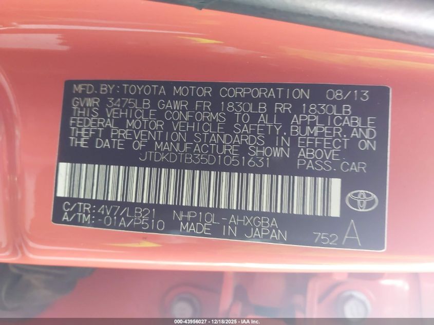 2013 Toyota Prius C Four VIN: JTDKDTB35D1051631 Lot: 43956027